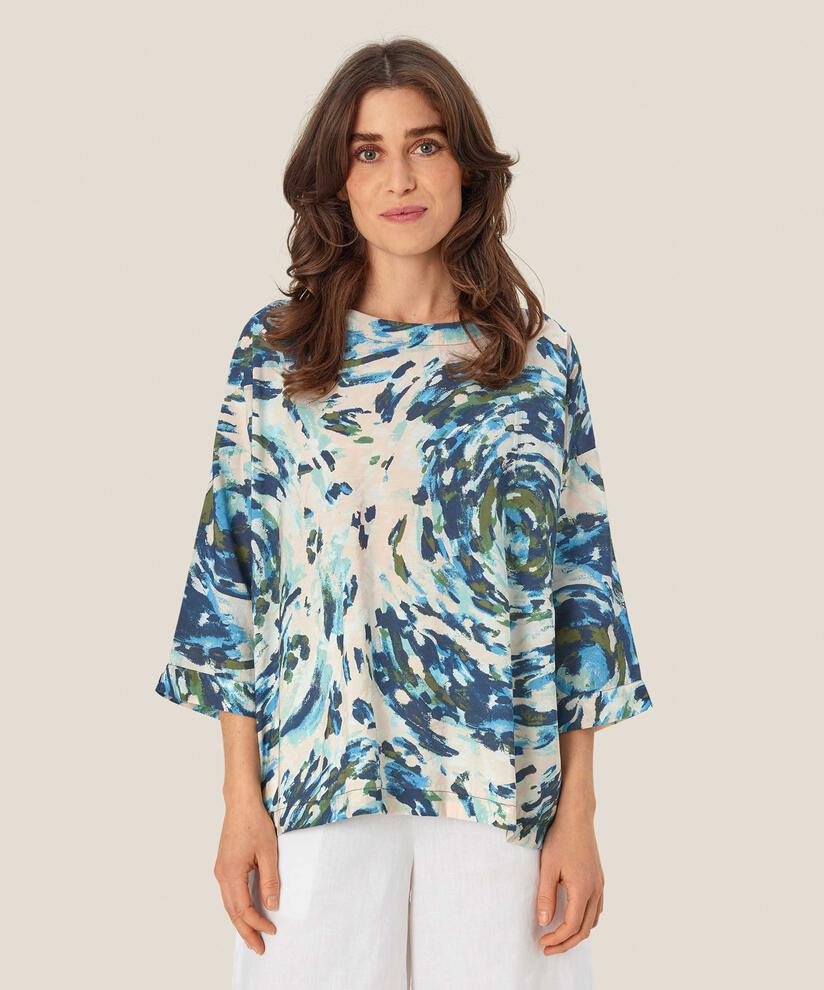 bedruckte Bluse mit 3/4-Ärmeln und Rundhals, Cendre Blue