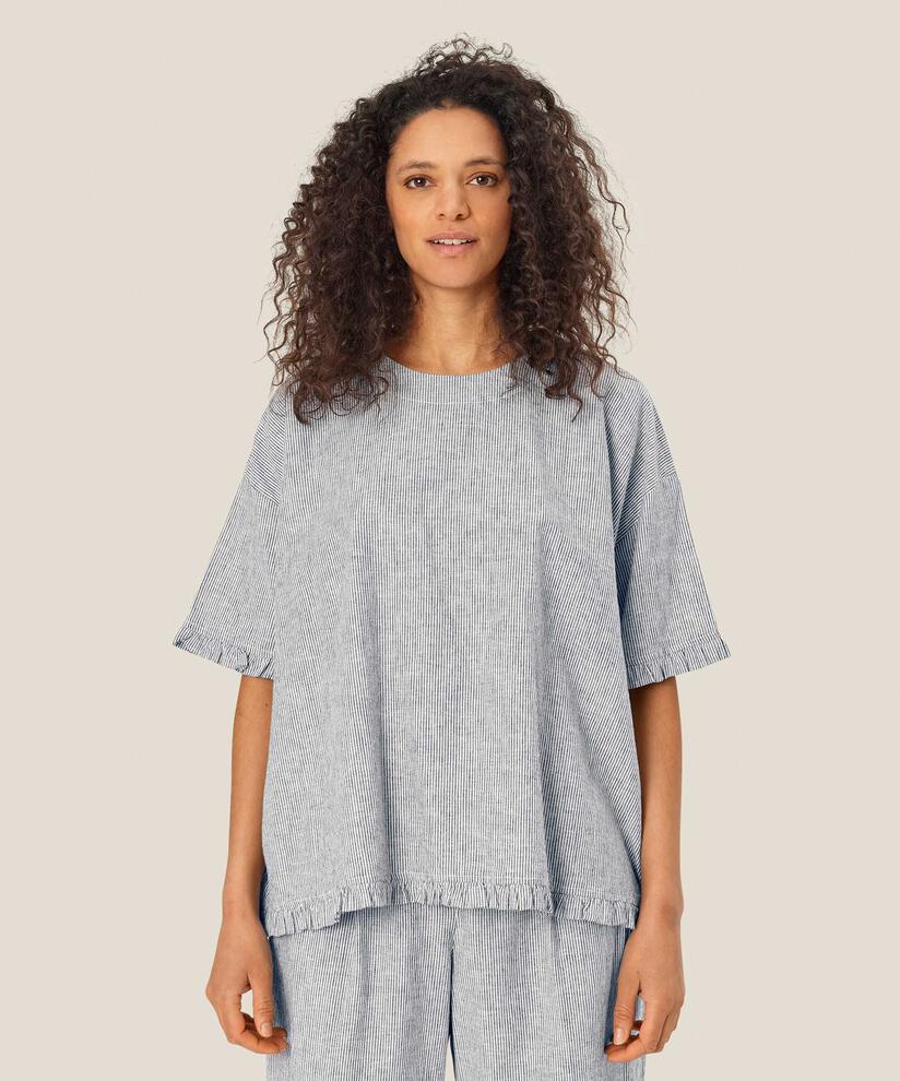gestreifte Bluse mit Rüschen im Leinenmix, Black