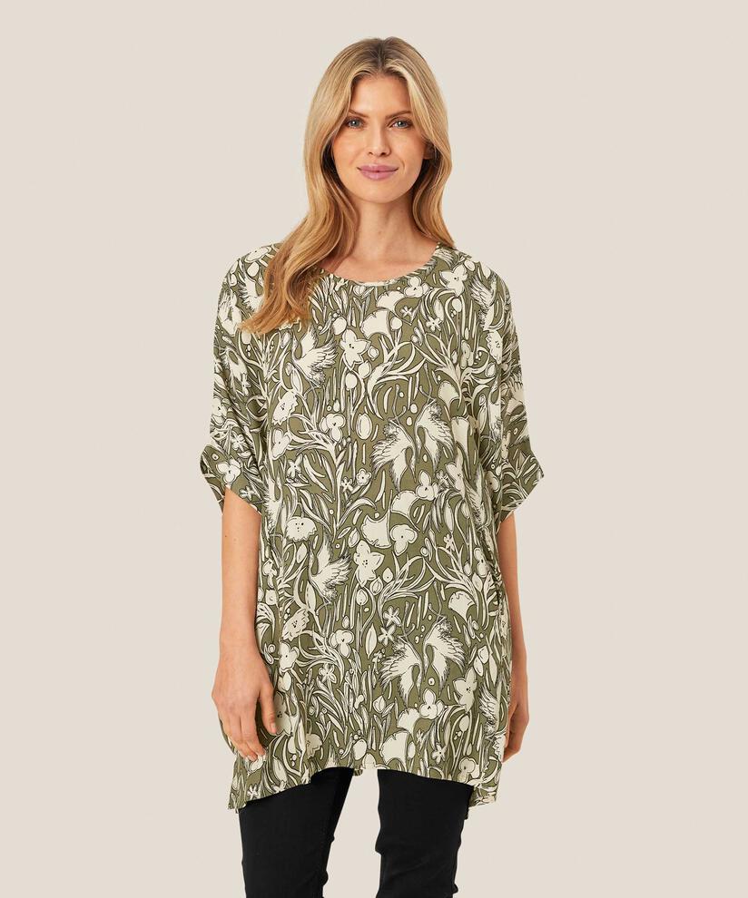 Bedruckte Viskose-Tunika mit Rundhalsausschnitt, D. Lichen Green